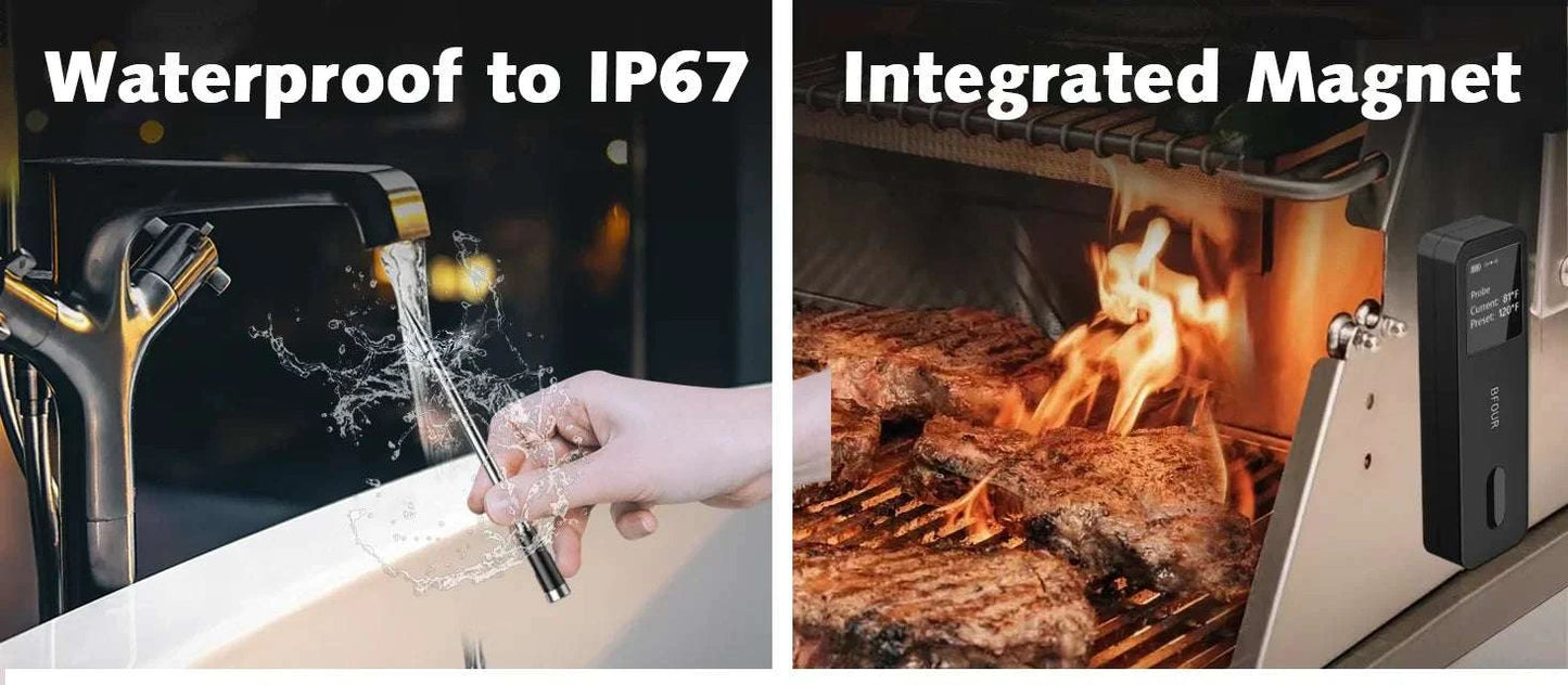 Waterproof IP67 wireless meat thermometer with integrated magnet in use on grill.
