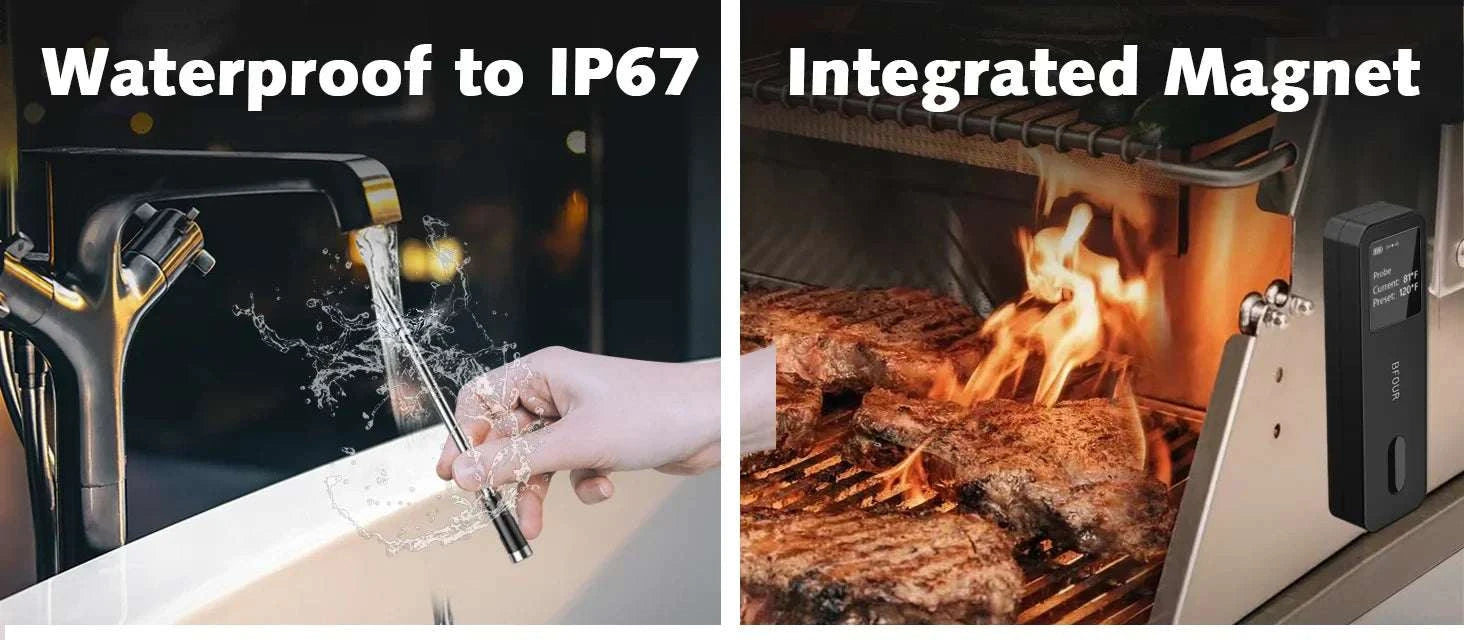 Waterproof IP67 wireless meat thermometer with integrated magnet in use on grill.
