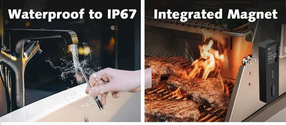 Waterproof IP67 wireless meat thermometer with integrated magnet in use on grill.