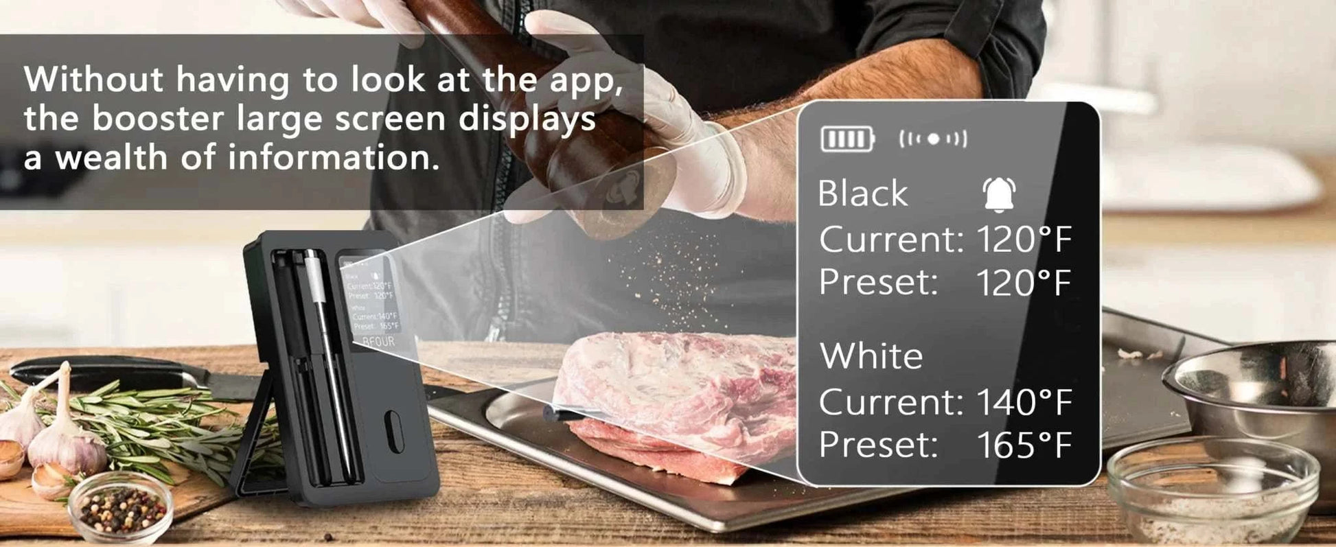 Wireless meat thermometer with large screen display, showing current and preset temperatures for precise grilling control.