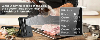 Wireless meat thermometer with large screen display, showing current and preset temperatures for precise grilling control.