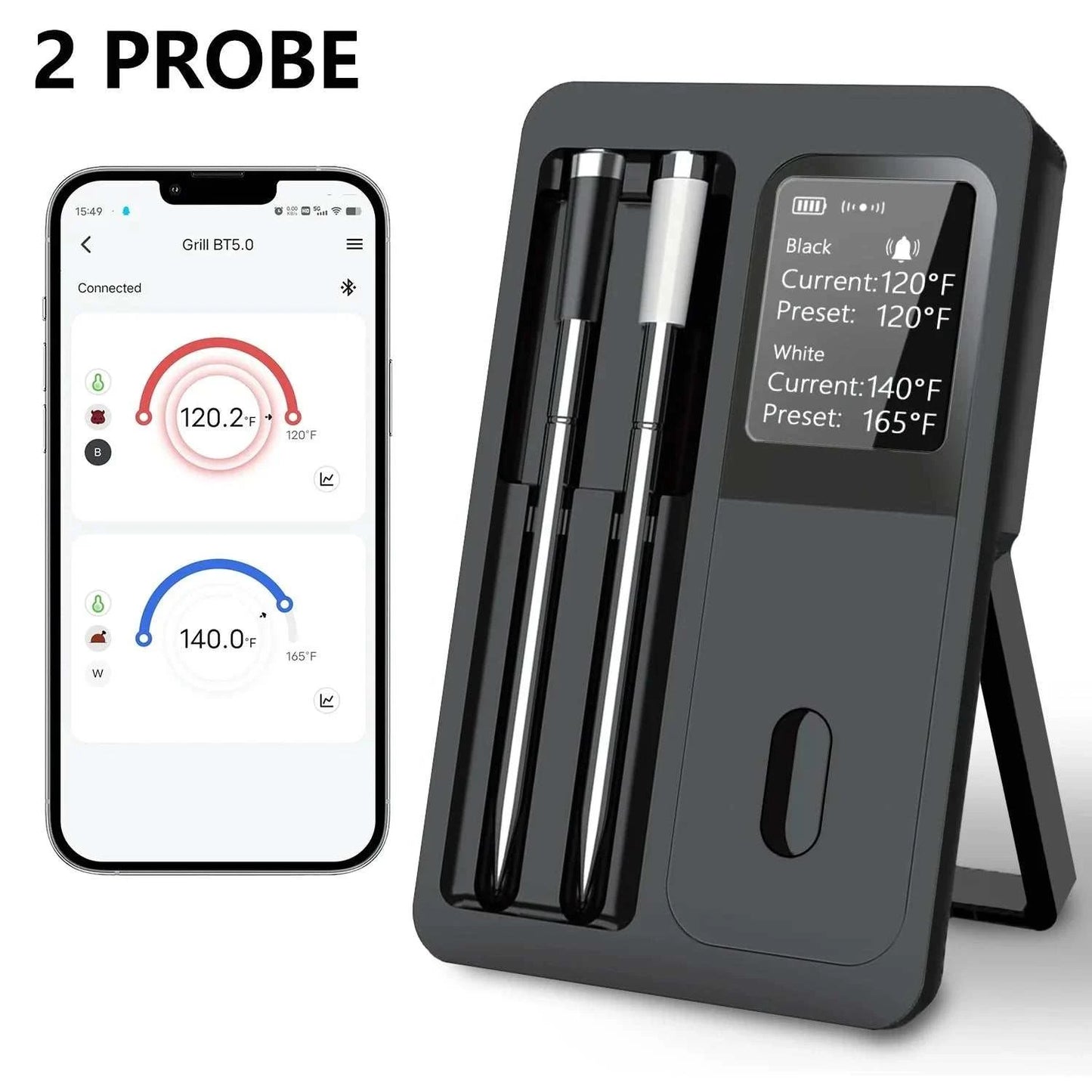 Wireless meat thermometer with dual probes and app-controlled LCD screen.