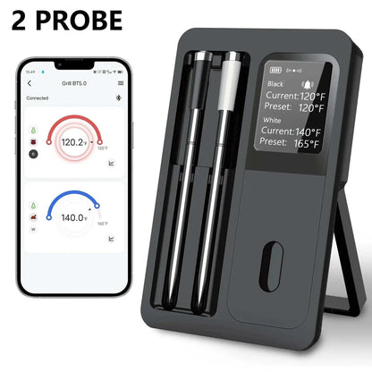 Wireless meat thermometer with dual probes and app-controlled LCD screen.
