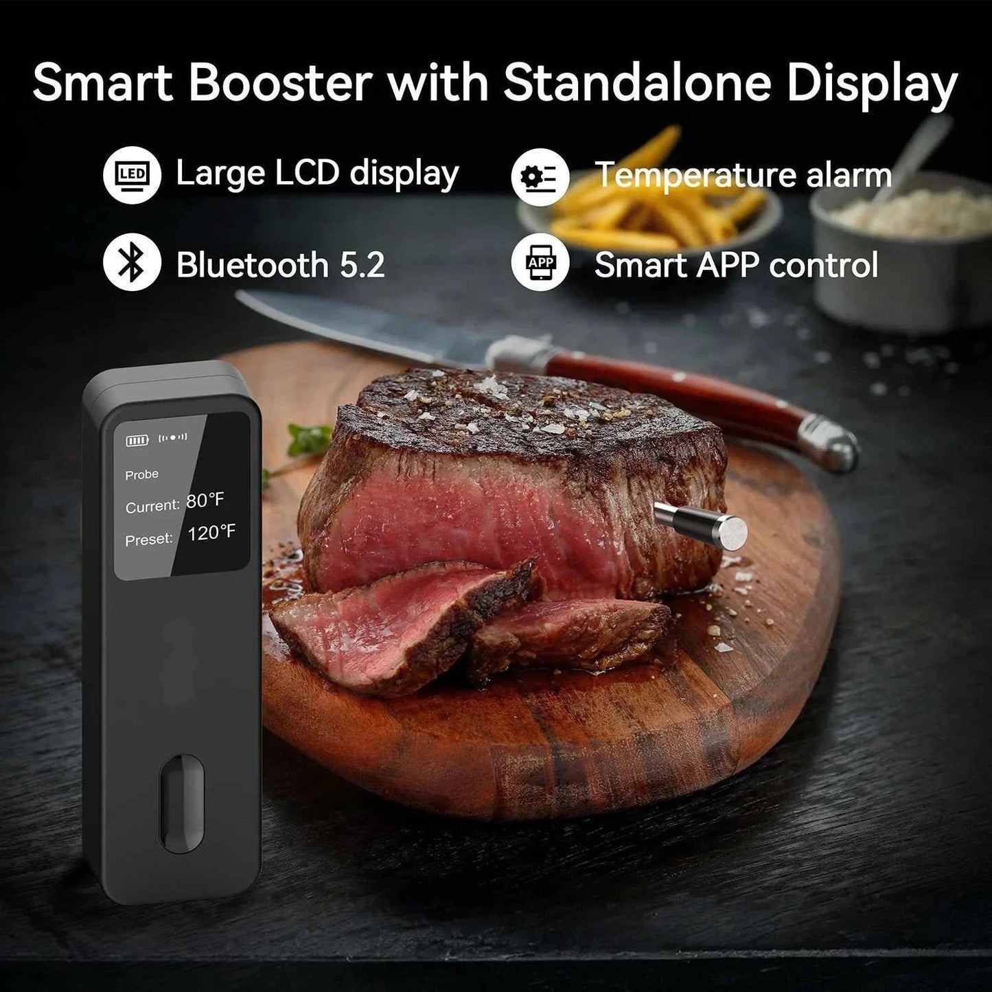 Wireless meat thermometer with Bluetooth control, LCD display, temperature alarm, and app management on a wooden cutting board.