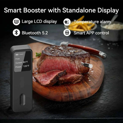 Wireless meat thermometer with Bluetooth control, LCD display, temperature alarm, and app management on a wooden cutting board.