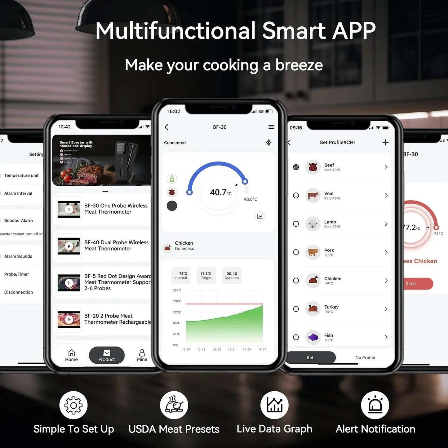Multifunctional smart app interface for wireless meat thermometer, featuring temperature monitoring, presets, and notifications.