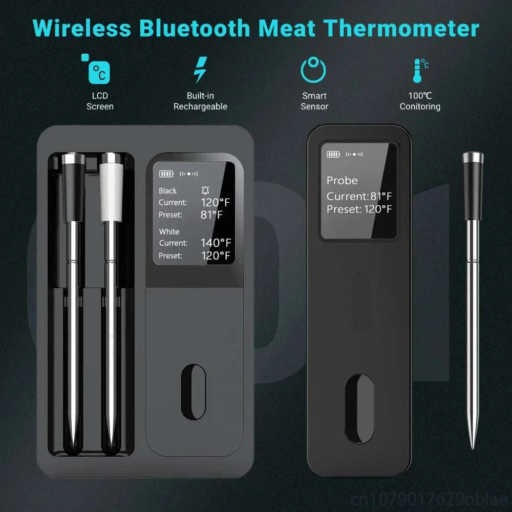 Wireless Bluetooth meat thermometer with LCD display, dual stainless steel probes, rechargeable, waterproof, and app-controlled for precision grilling.