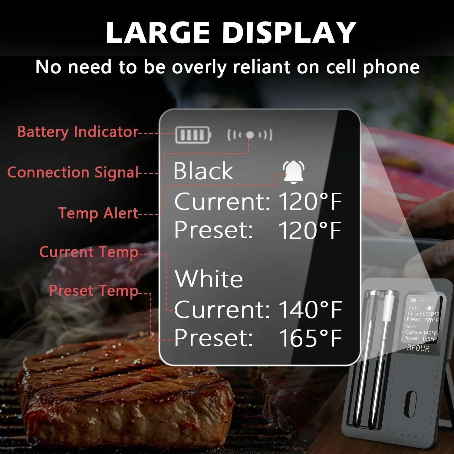 Large display showing temperature readings on the TempExact Pro wireless meat thermometer with alerts and dual probe options.