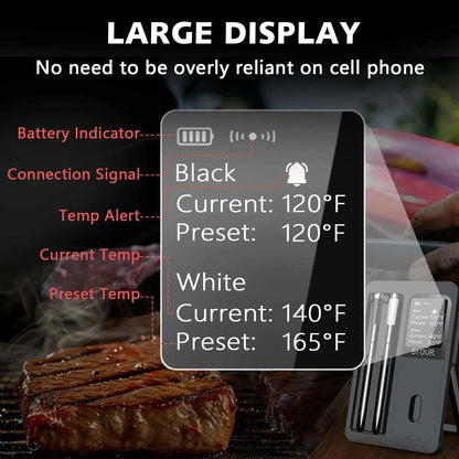 Large display showing temperature readings on the TempExact Pro wireless meat thermometer with alerts and dual probe options.